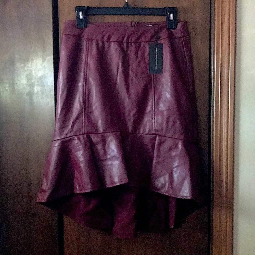 Burgundy red/brwn hi-low midi lined faux leather ruffled skirt STMT STATEMENT sm